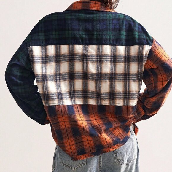 Multicolor Boho Women's Patchwork Long Sleeve Button-Up Plaid Blouse - Picture 2 of 7